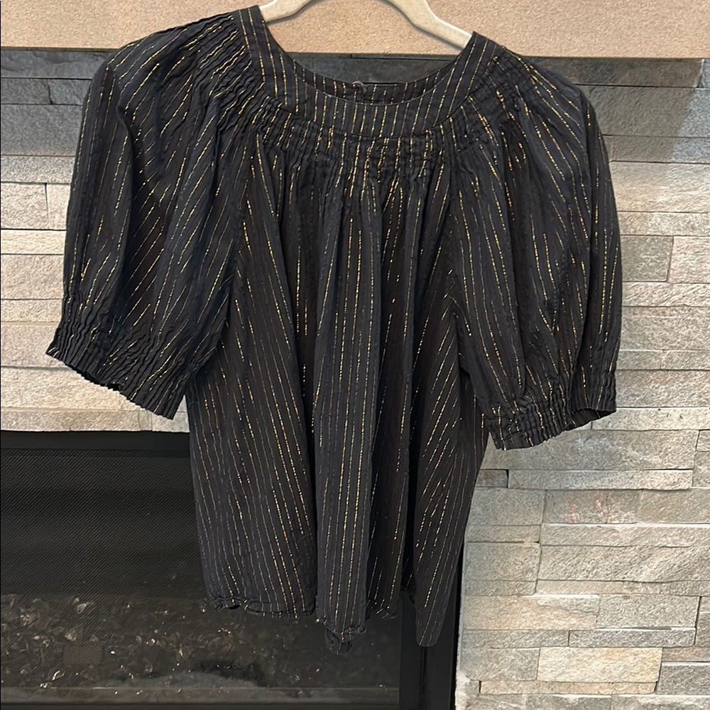 Ulla Johnson Black Smocked Puff Sleeve Blouse